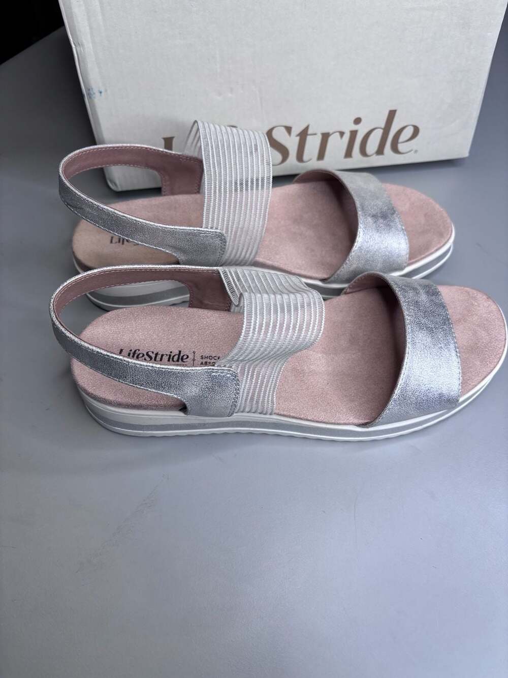 Lifestride Zing Slingback Wedge Sandals In Metallic Silver Size 8